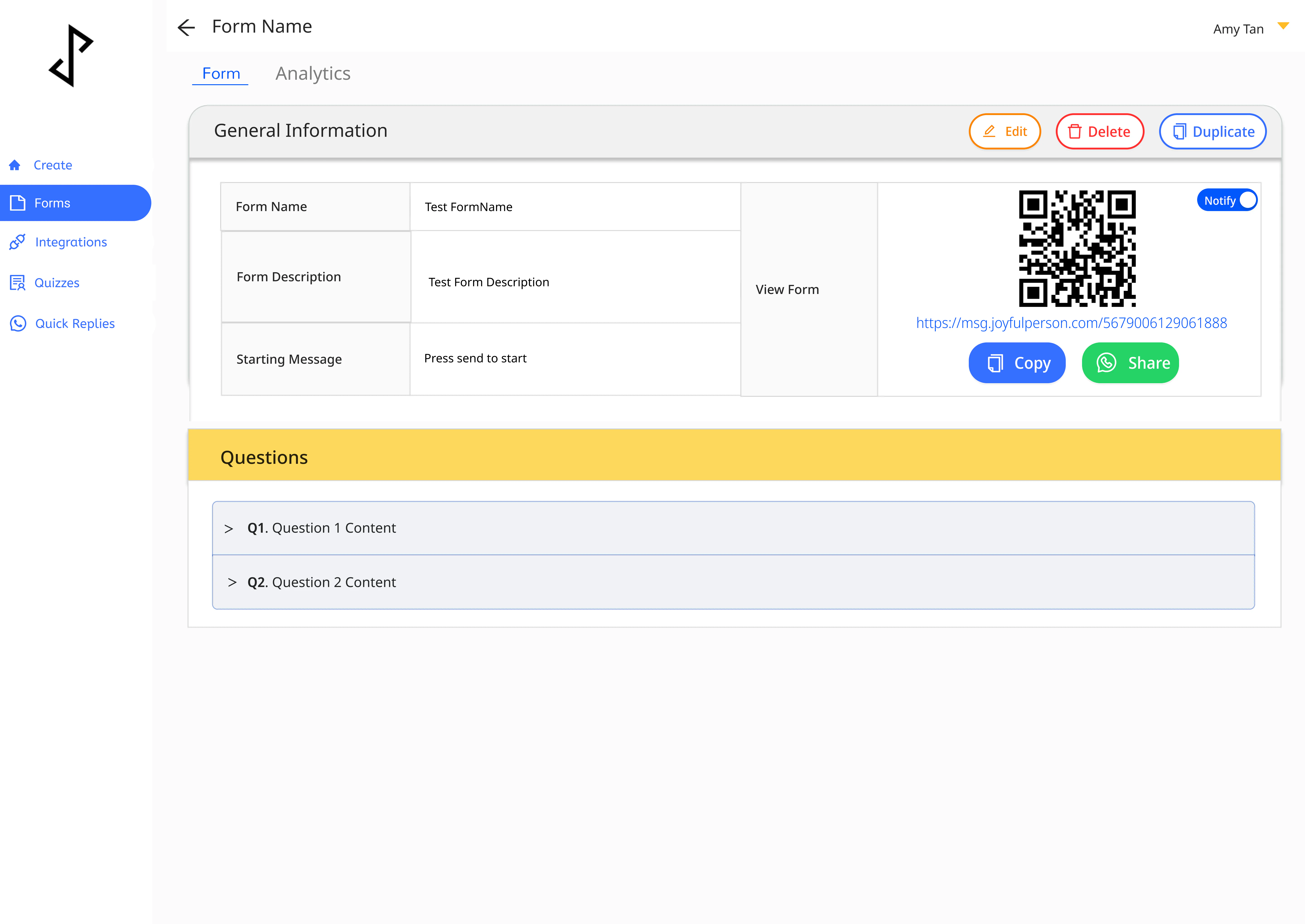 The JoyForm web dashboard’s General Information view for a published form, showing its details alongside a QR code and share link.